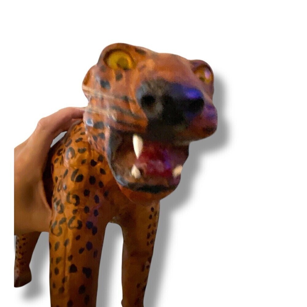 Vintage Leather Wrapped Leopard Cheetah Cat Glass Eyes 16”L x 10” Shelf Style - Picture 4 of 9